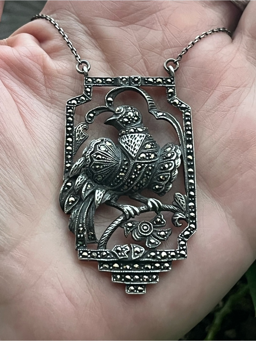 Antique Sterling Silver And Marcasite Bird Necklace - Picture 4 of 16